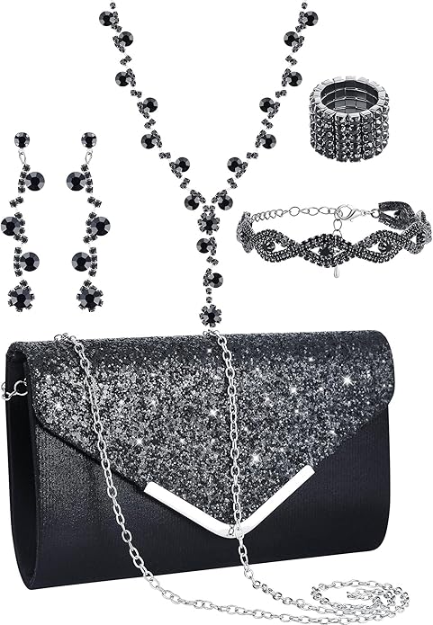 Henoyso 5 Pcs Purse Rhinestone Jewelry Set Prom Jewelry Rhinestone Clutch Purse Necklace Earrings Bracelets for Women Bride