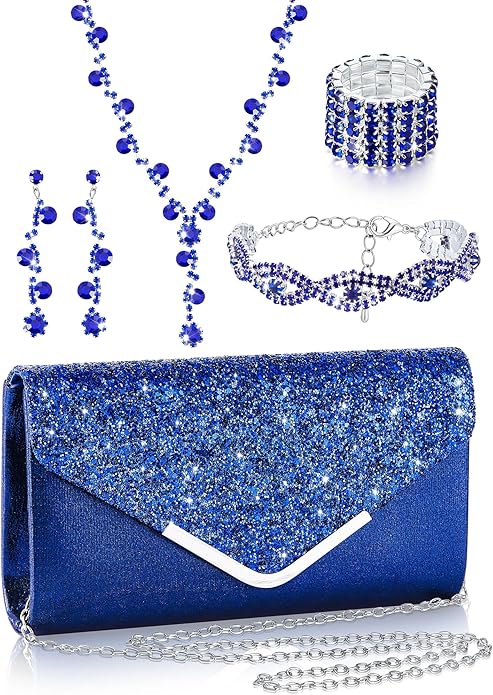 Henoyso 5 Pcs Purse Rhinestone Jewelry Set Prom Jewelry Rhinestone Clutch Purse Necklace Earrings Bracelets for Women Bride