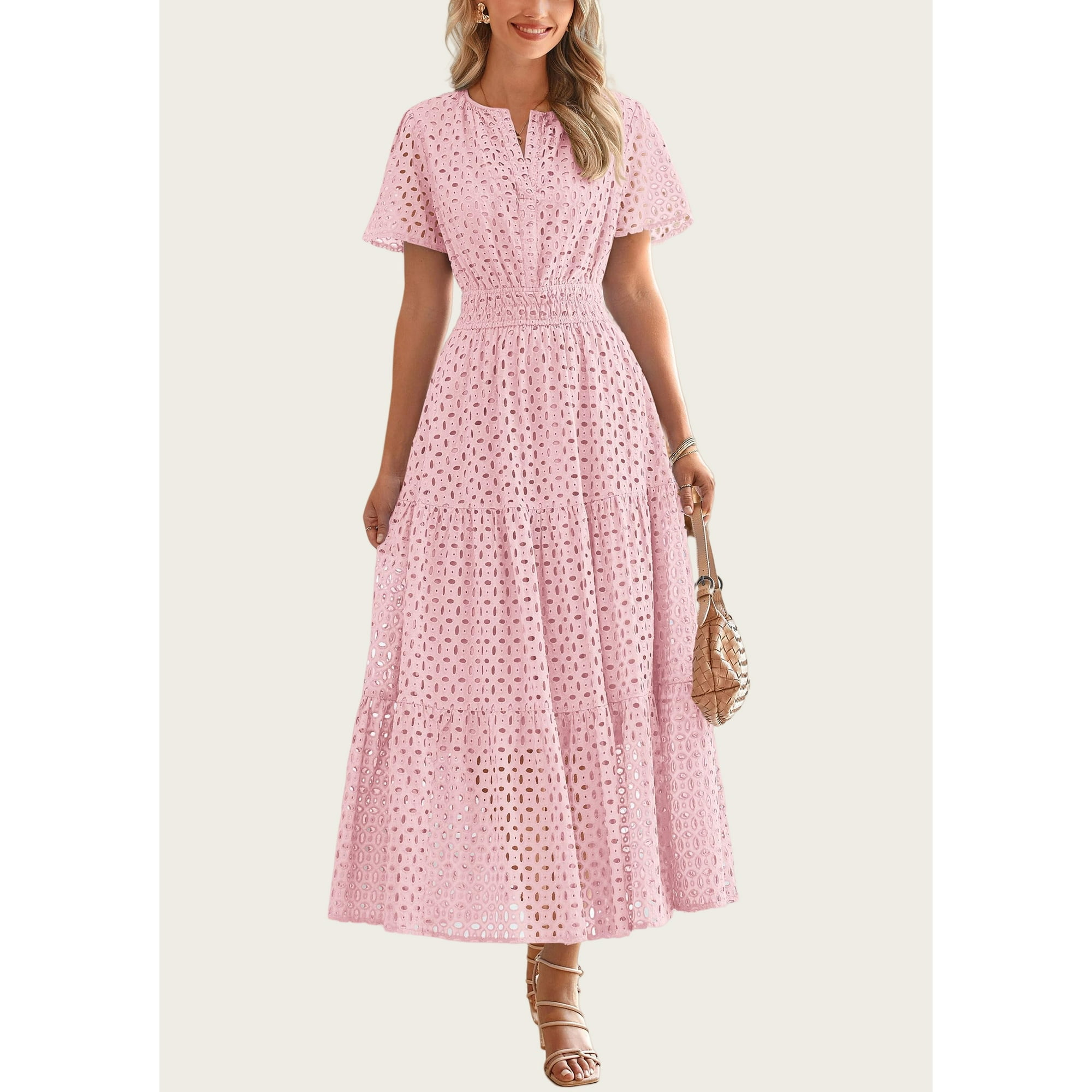 PRETTYGARDEN Womens Summer Maxi Dress Short Sleeve V Neck Hollow Out Eyelet A Line Long Flowy Beach Vacation Dresses