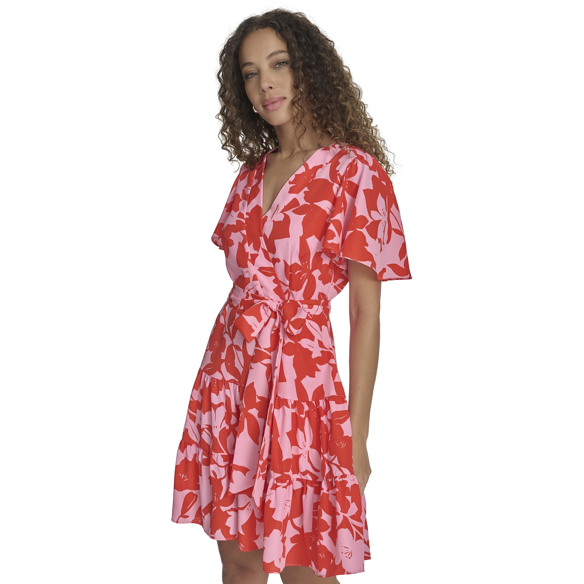 Falling Flowers Women's Floral V-Neck Flutter Sleeve Fit & Flare Dress, Sizes XS-XL