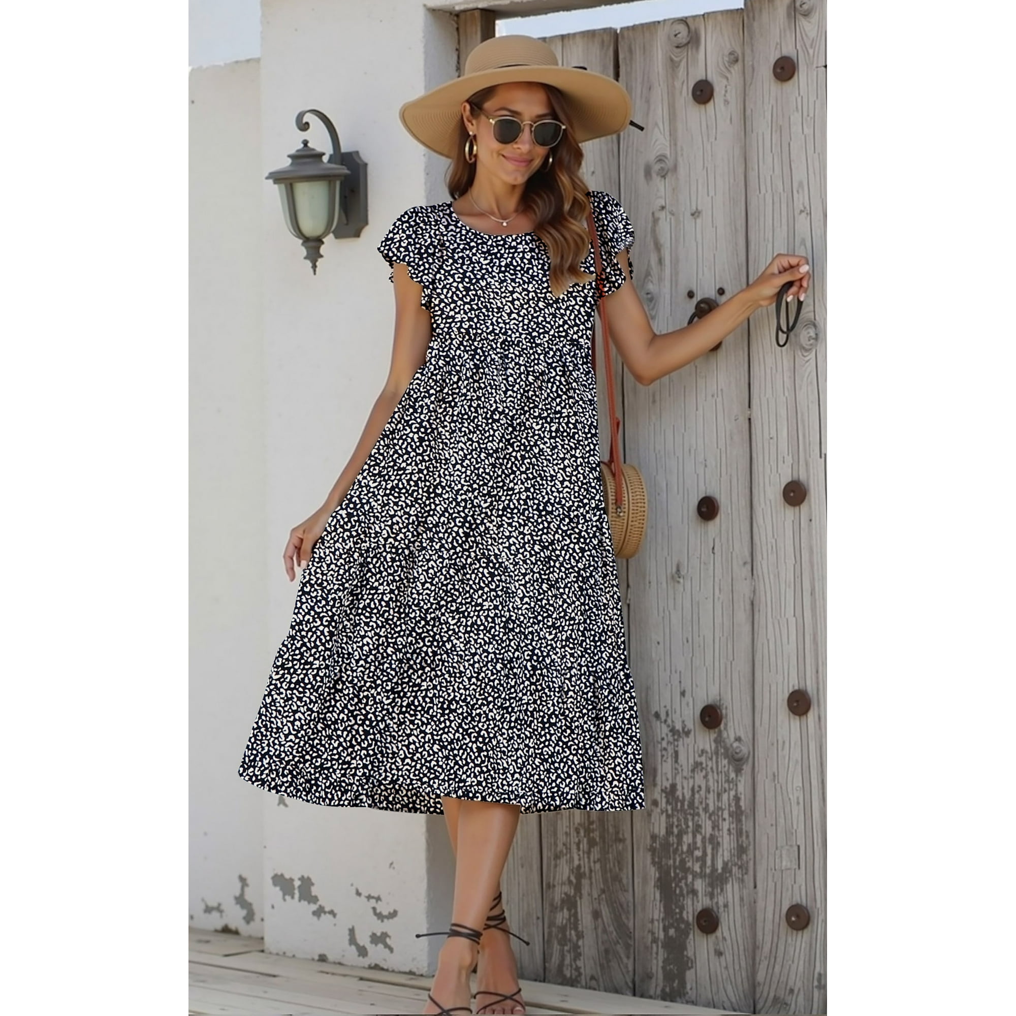 Fantaslook Dresses for Women Summer Casual Boho Dress Floral Print Ruffle Sleeve Midi Beach Dresses