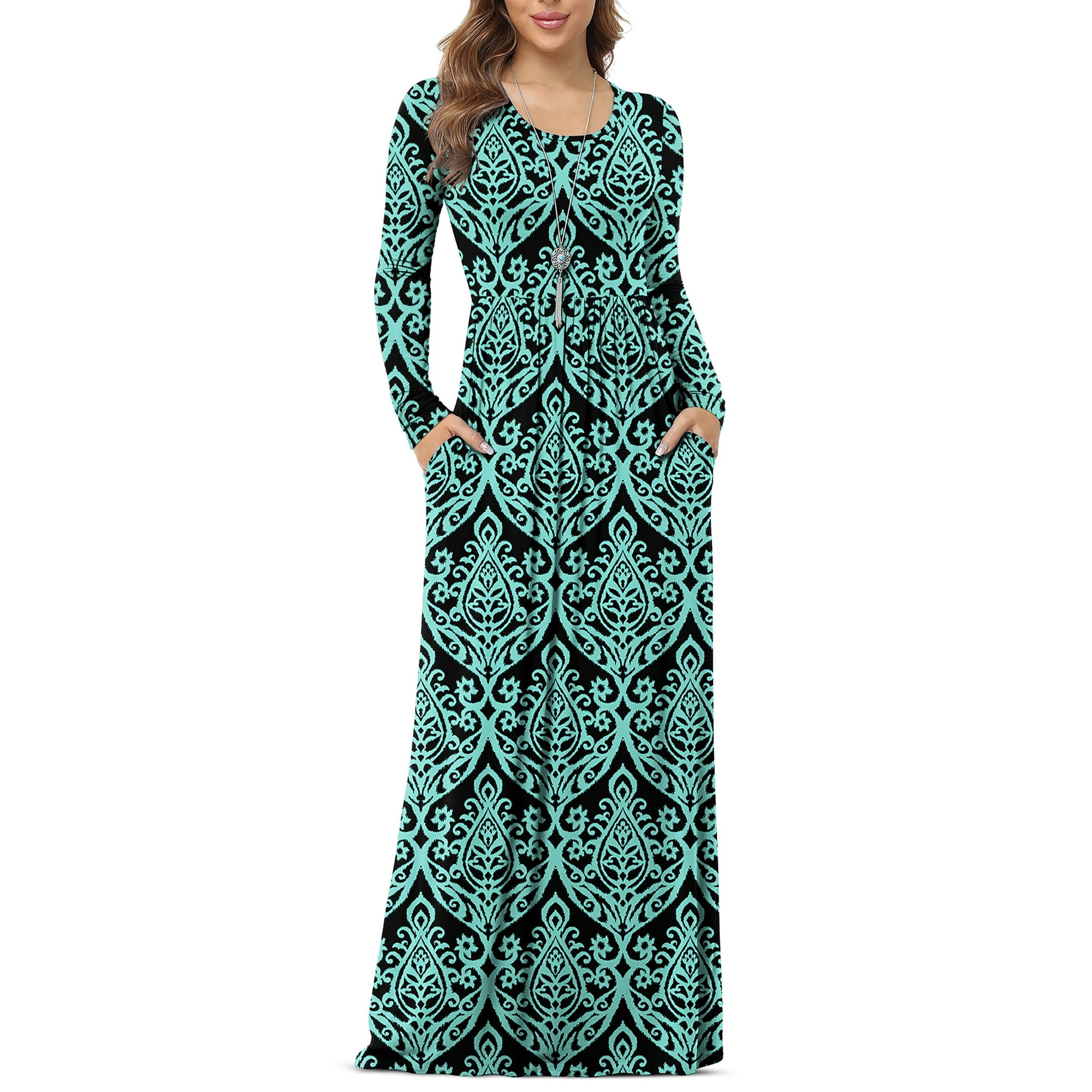 Asklazy Women's Long Sleeve Loose Plain Maxi Dresses Casual Long Dresses with Pockets,US Size,Floral Black Green,L