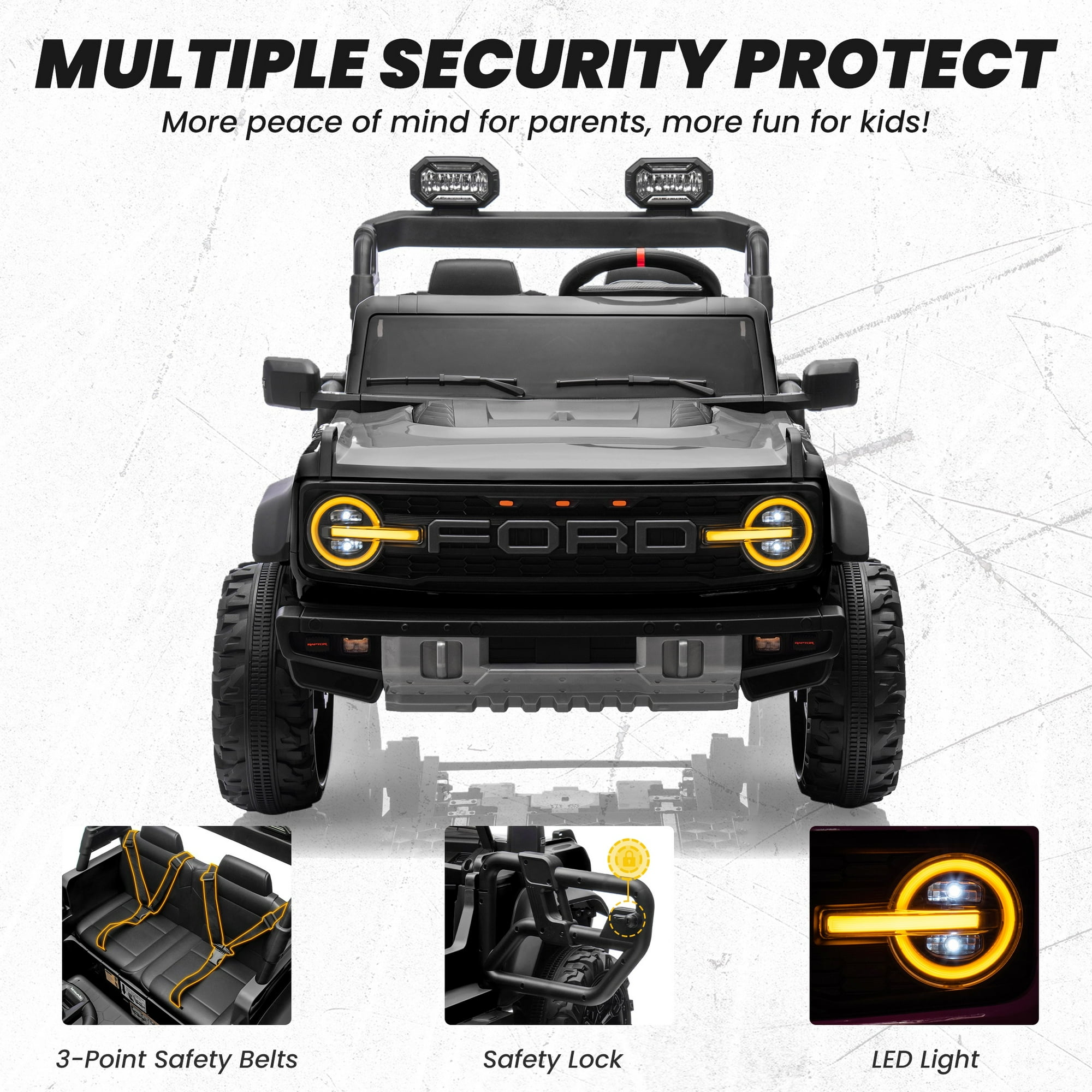 24V 2 Seater Ride on Cars for Big Kids, Licensed Ford Bronco Raptor Powered Ride on Toy Truck with Remote Control, Spring Suspension, Bluetooth, LED Light, Electric Car for Kids 3-8 Boys Girls, Black